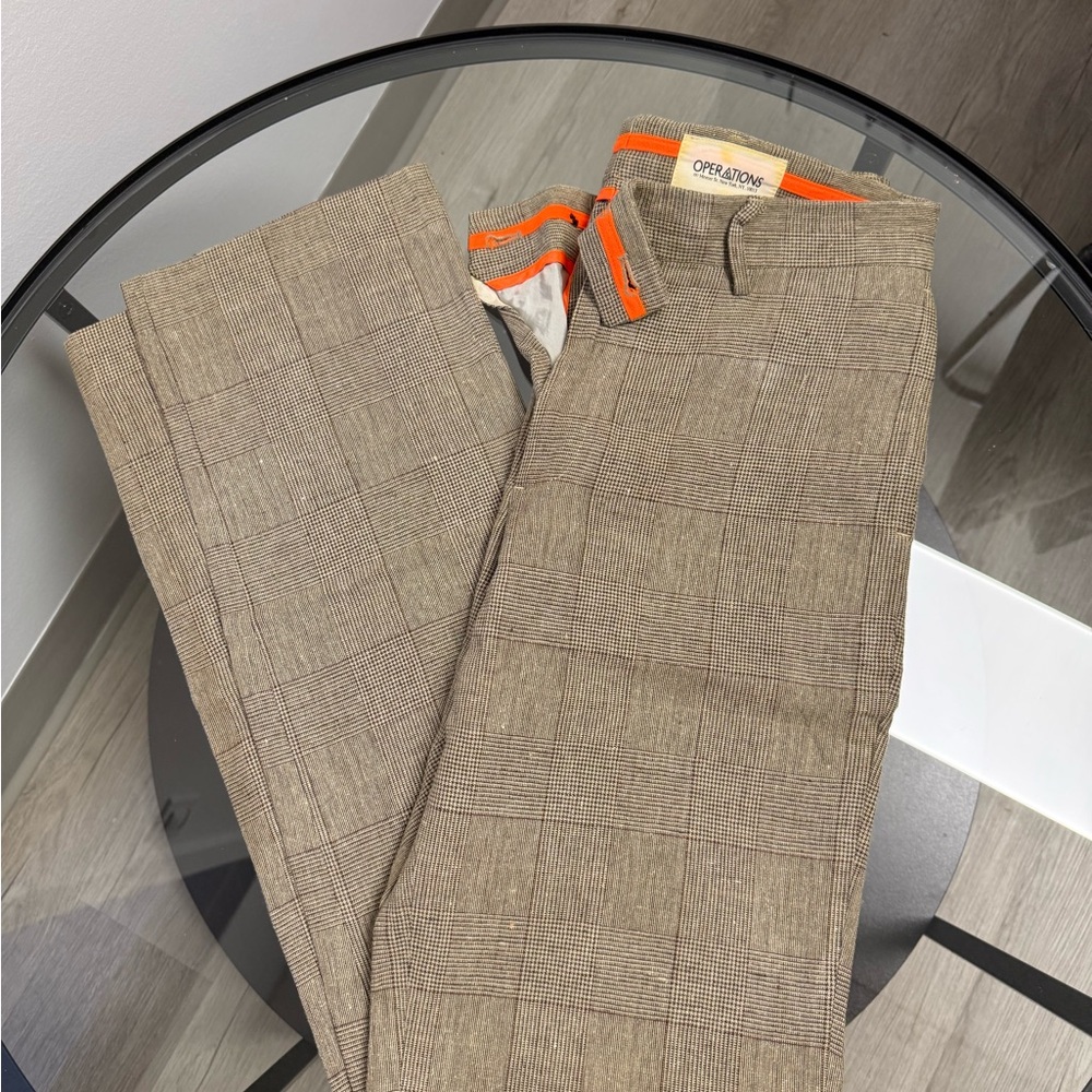 Khaki Plaid Men's Chinos with Orange Trim